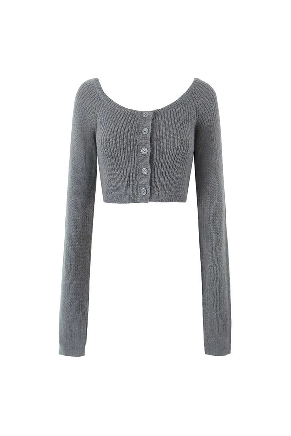 Cozy Solid Scoop Neck Button Up Long Sleeve Ribbed Knit Crop Cardigan