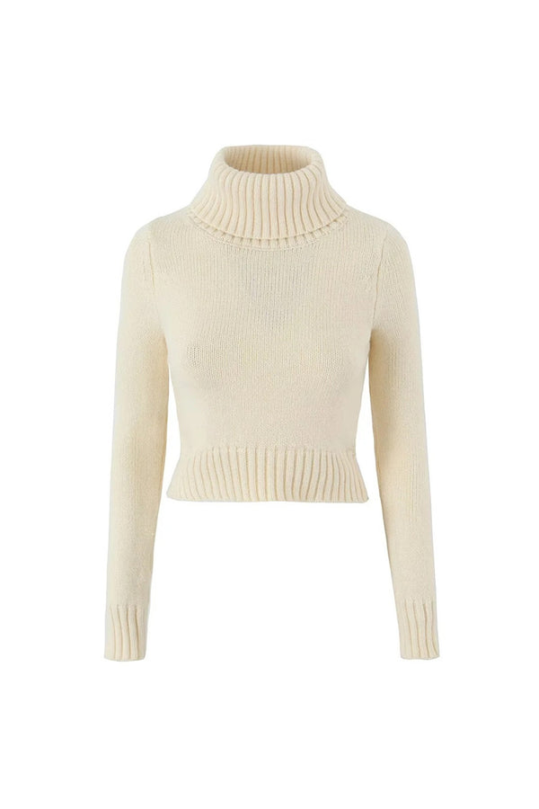 Cozy Turtle Neck Long Sleeve Cinched Waist Ribbed Knit Crop Sweater