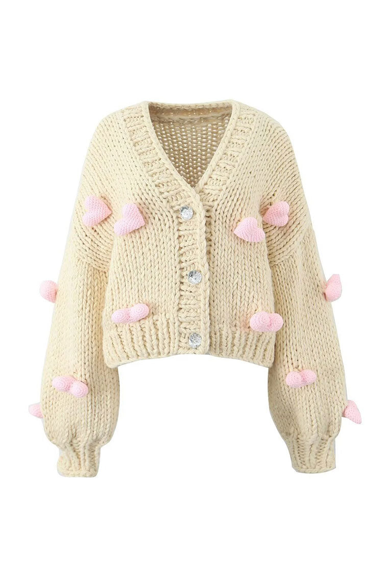 Cute 3D Heart Crystal Button Up Handmade Chunky Yarn Crochet Knit Cardigan