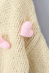 Cute 3D Heart Crystal Button Up Handmade Chunky Yarn Crochet Knit Cardigan