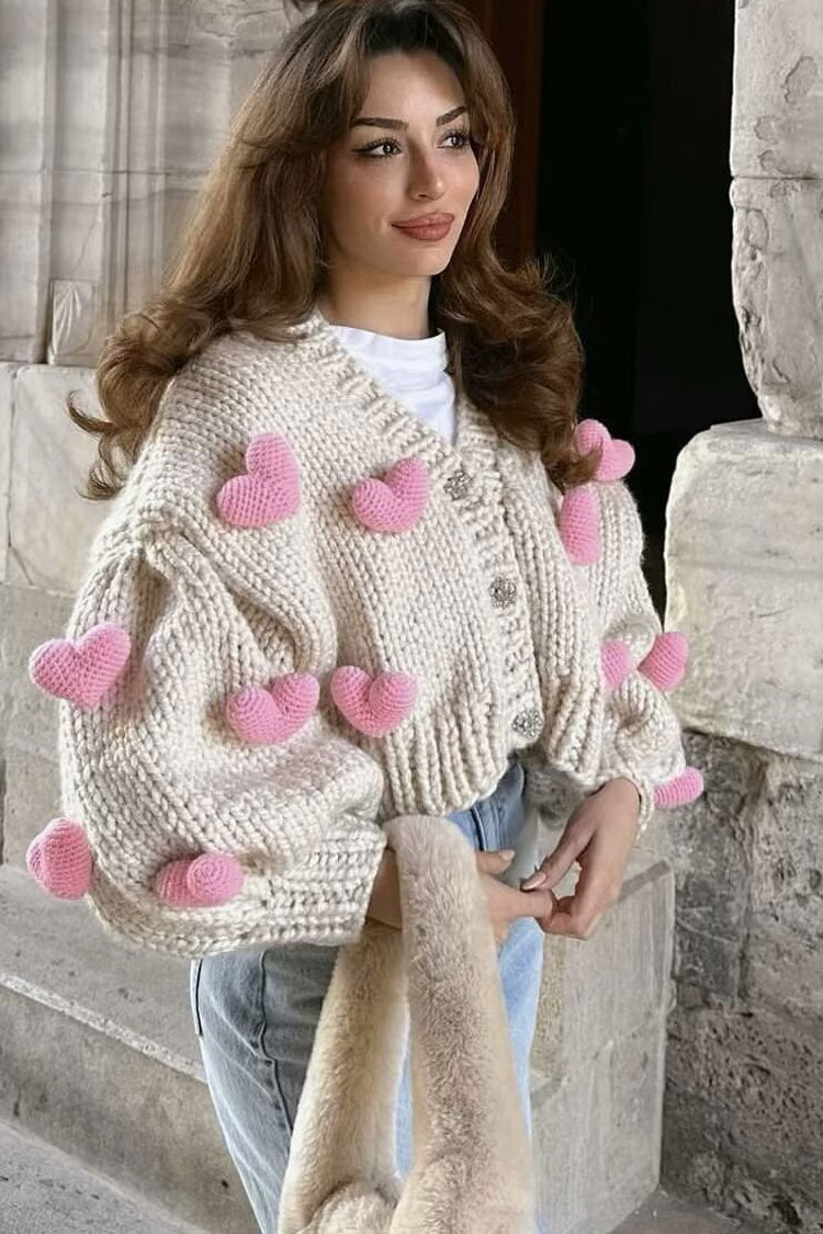 Cute 3D Heart Crystal Button Up Handmade Chunky Yarn Crochet Knit Cardigan