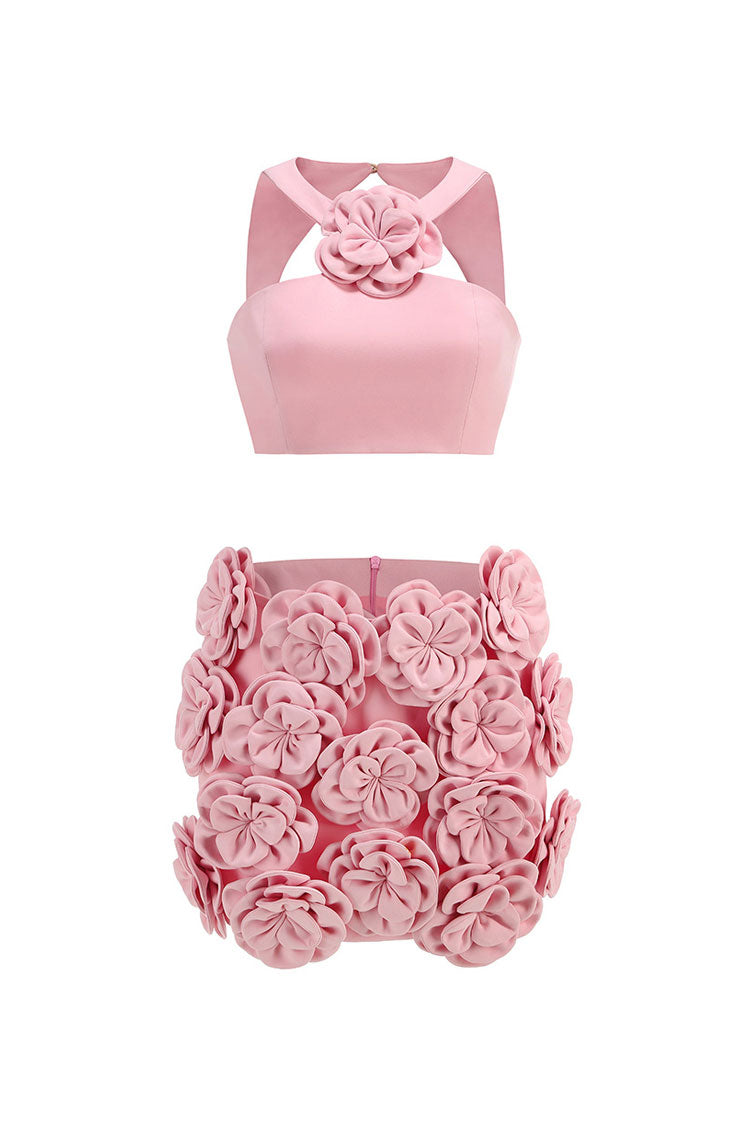 Cute 3D Rosette Cutout Crop Tank Top High Rise Mini Two Piece Dress