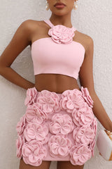 Cute 3D Rosette Cutout Crop Tank Top High Rise Mini Two Piece Dress