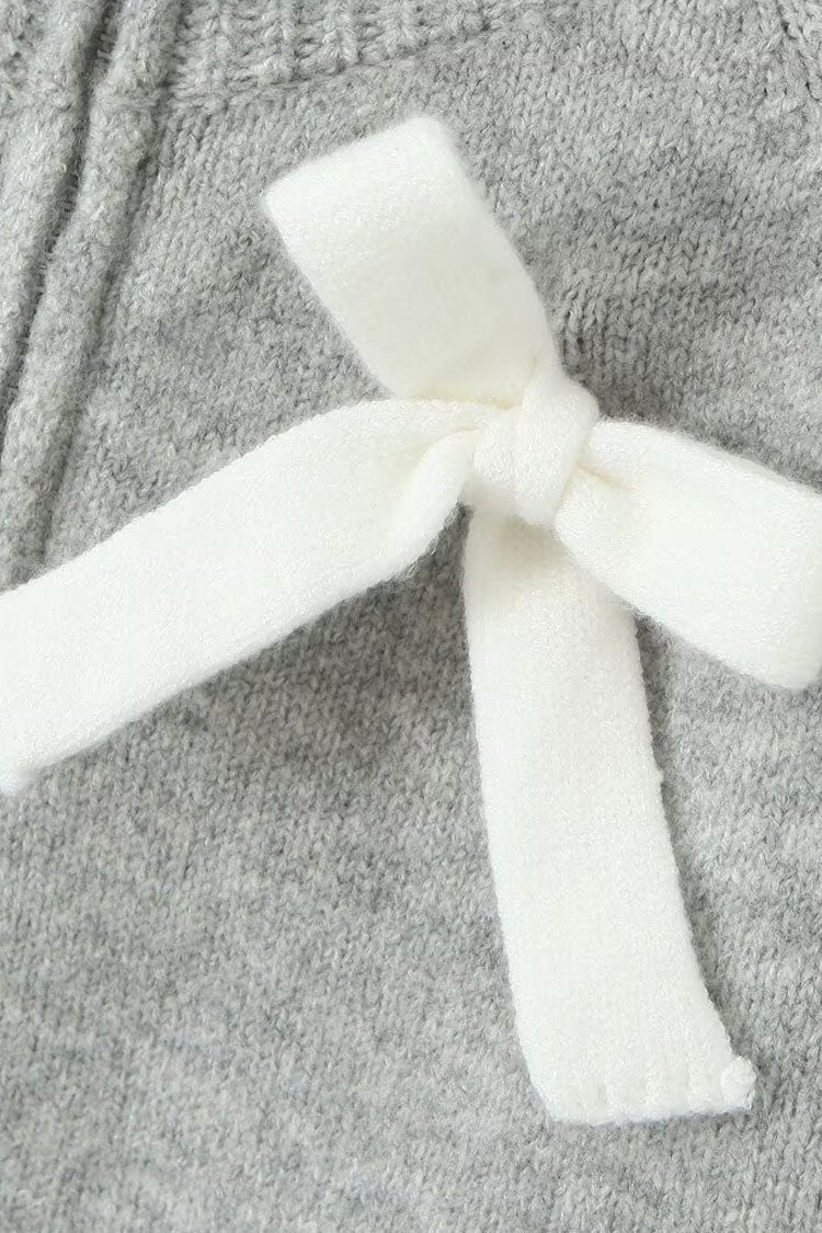 Cute Bow Decor Ribbed Knit Mock Neck Long Sleeve Zip Up Crop Cardigan