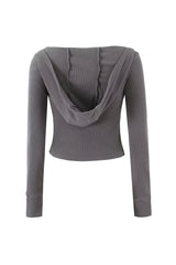 Cute Bow Lace Scoop Neck Kangaroo Pocket Ribbed Crop Hooded Top