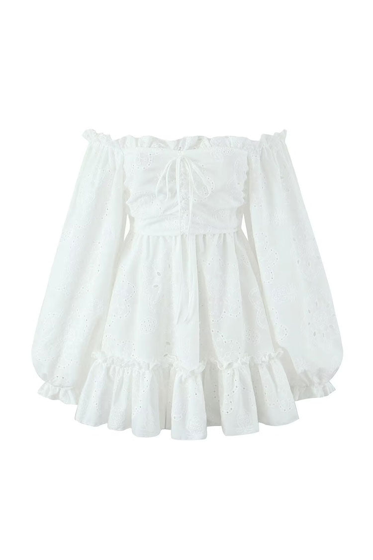 Cute Bow Off Ruffle Shoulder Blouson Sleeve Broderie Anglaise Mini Dress