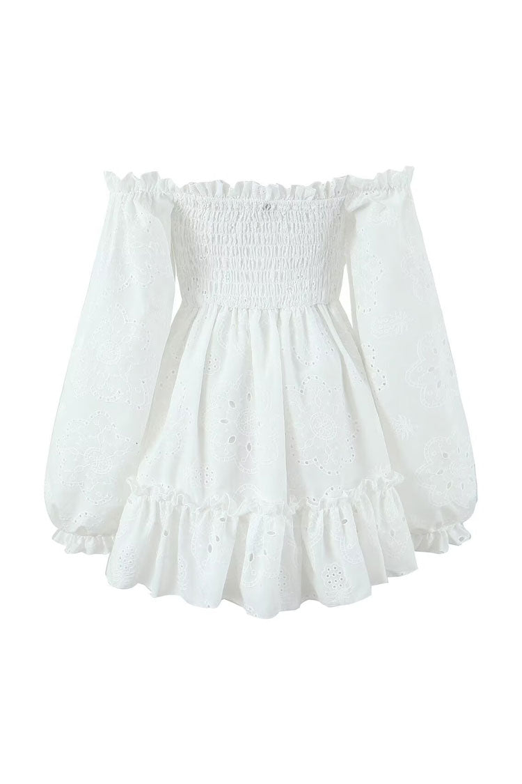 Cute Bow Off Ruffle Shoulder Blouson Sleeve Broderie Anglaise Mini Dress