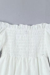 Cute Bow Off Ruffle Shoulder Blouson Sleeve Broderie Anglaise Mini Dress