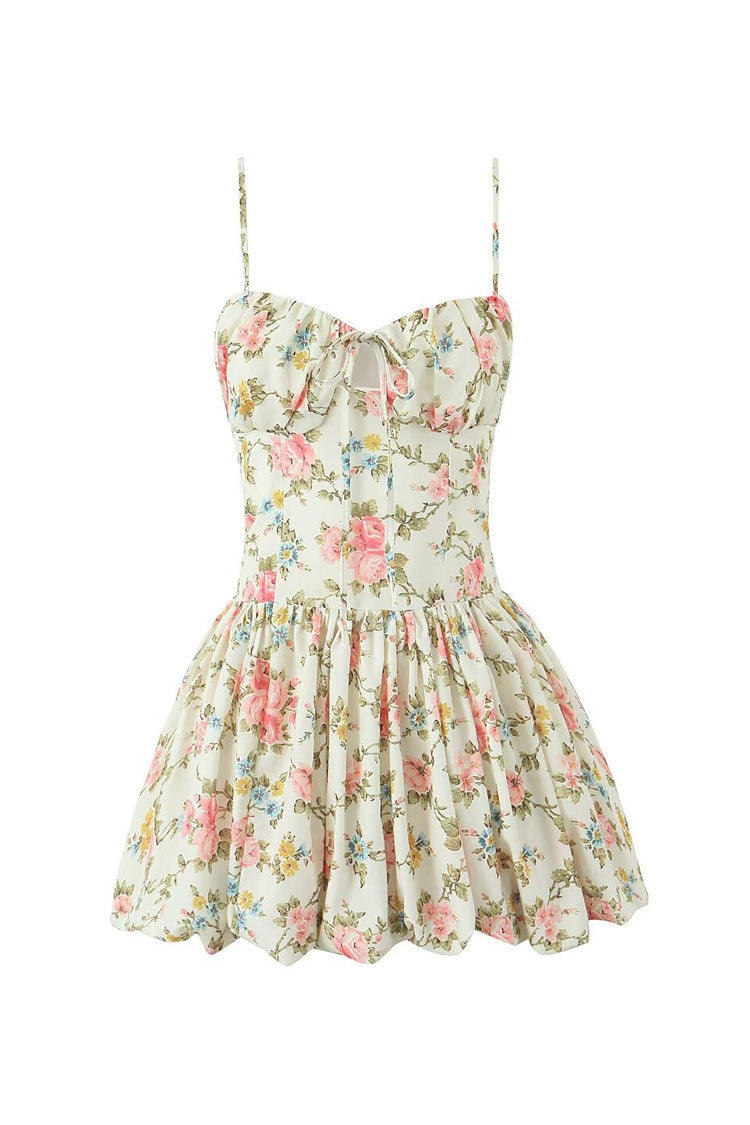 Cute Bow Tie Neck Spaghetti Strap Floral Print Summer Mini Sundress