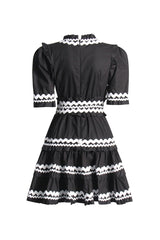 Cute Contrast Ric Rac V Neck Puff Sleeve Belted Ruffle Tiered Mini Dress