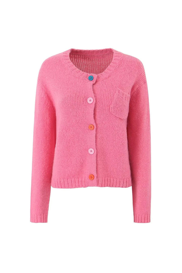 Cute Multicolor Button Up Round Neck Patch Pocket Long Sleeve Cardigan
