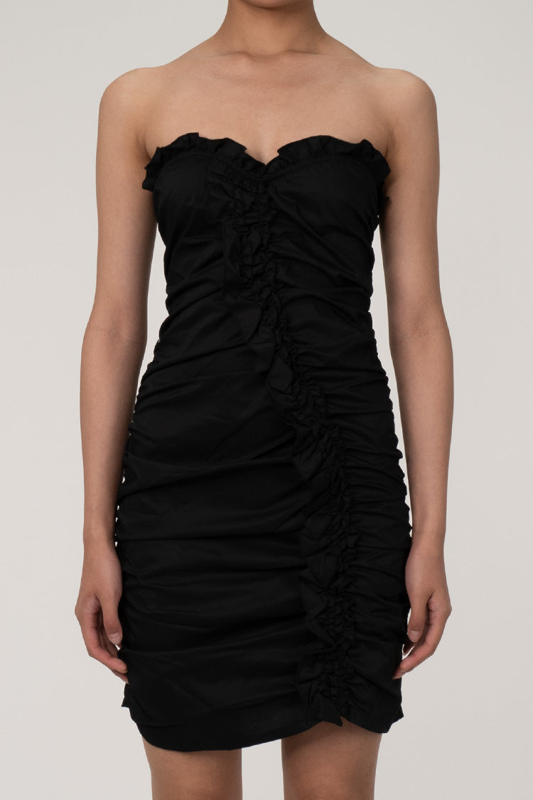 Cute Ruffle Trim Sweetheart Strapless Ruched Bodycon Party Mini Dress