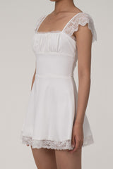 Cute Scalloped Cap Sleeve Square Neck Fitted Flare Mini Summer Sundress - White