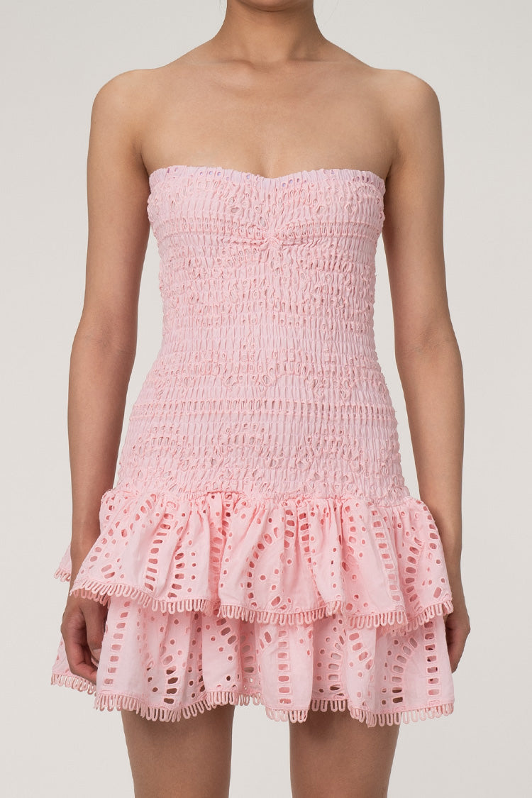 Cute Strapless Smocked Broderie Anglaise Ruffle Tiered Party Mini Dress