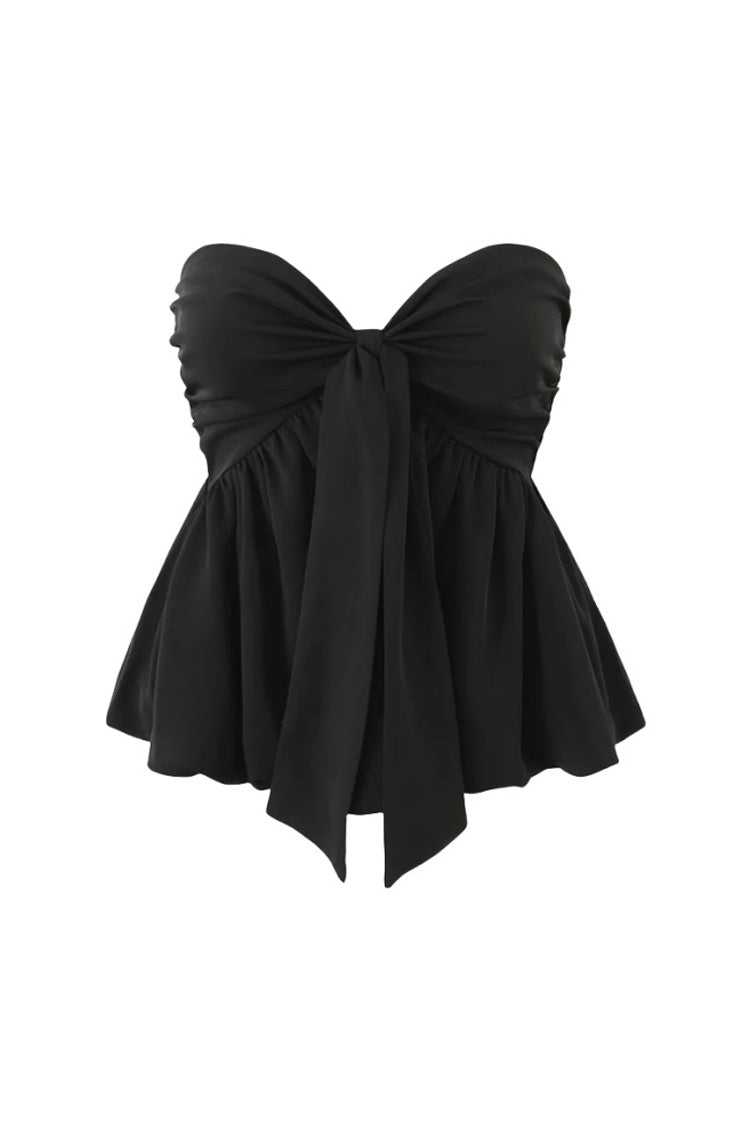 Cute Sweetheart Neck Draped Knot Ruched Smocked Peplum Strapless Top