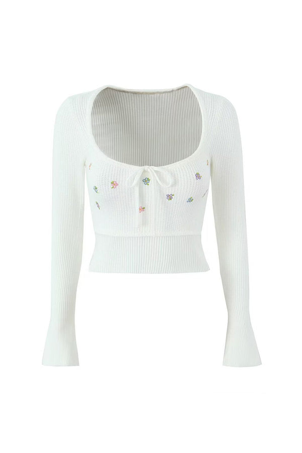 Cute Tie Neck Floral Embroidery Long Sleeve Crop Ribbed Knit Sweater