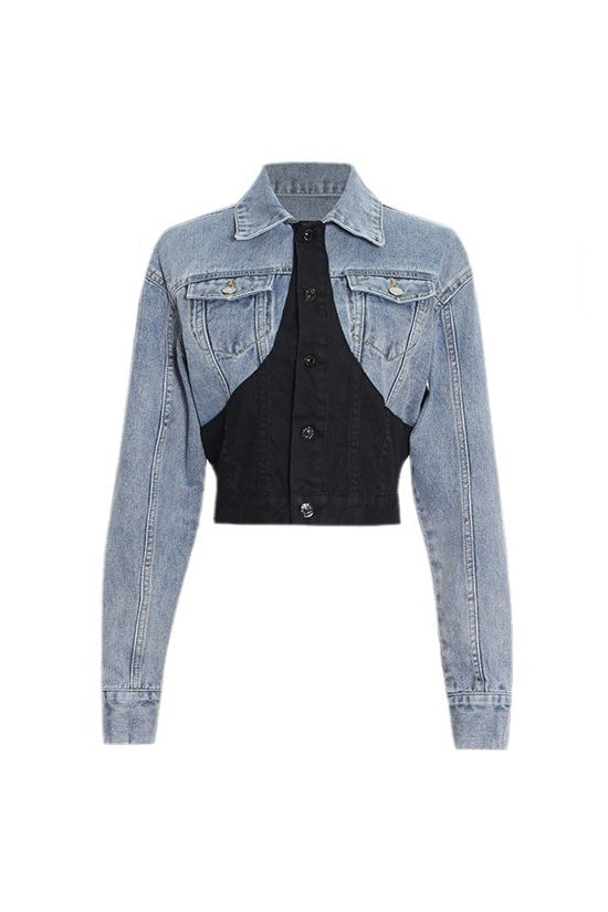 Deconstructed Hybrid Button Down Long Sleeve Cinch Waist Crop Denim Jacket