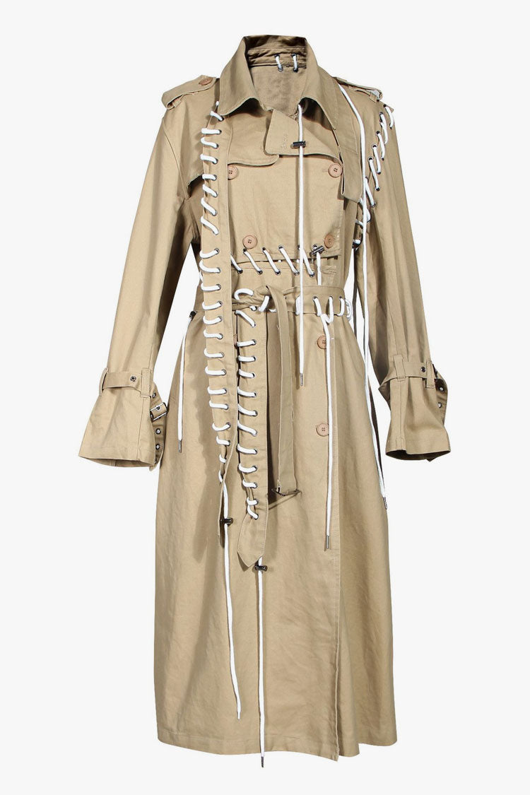 Distinctive Collared  Epaulette Lace Up Double Breasted Belted Trench Coat