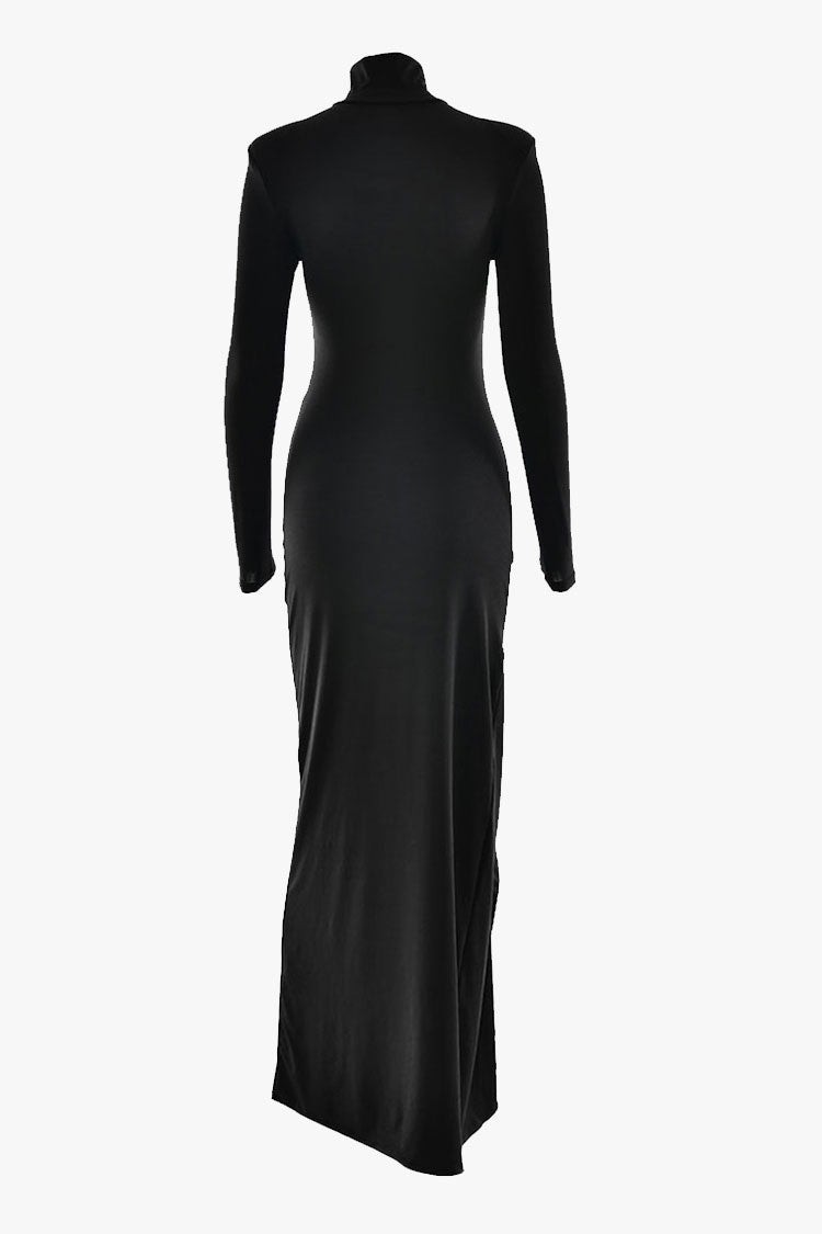 Diva High Neck Strong Shoulder Gathered Draped Split Formal Maxi Dress