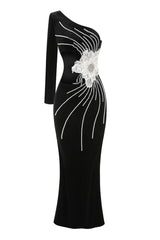 Diva One Shoulder Pearl Feather Trim Rosette Velvet Cutout Formal Maxi Dress