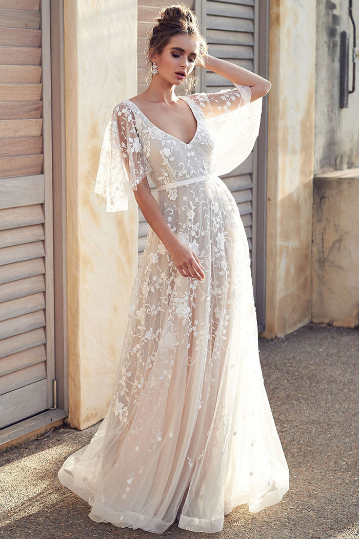 Dreamy Backless Flutter Sleeve Floral Embroidered Wedding Dress Whit Rosedress