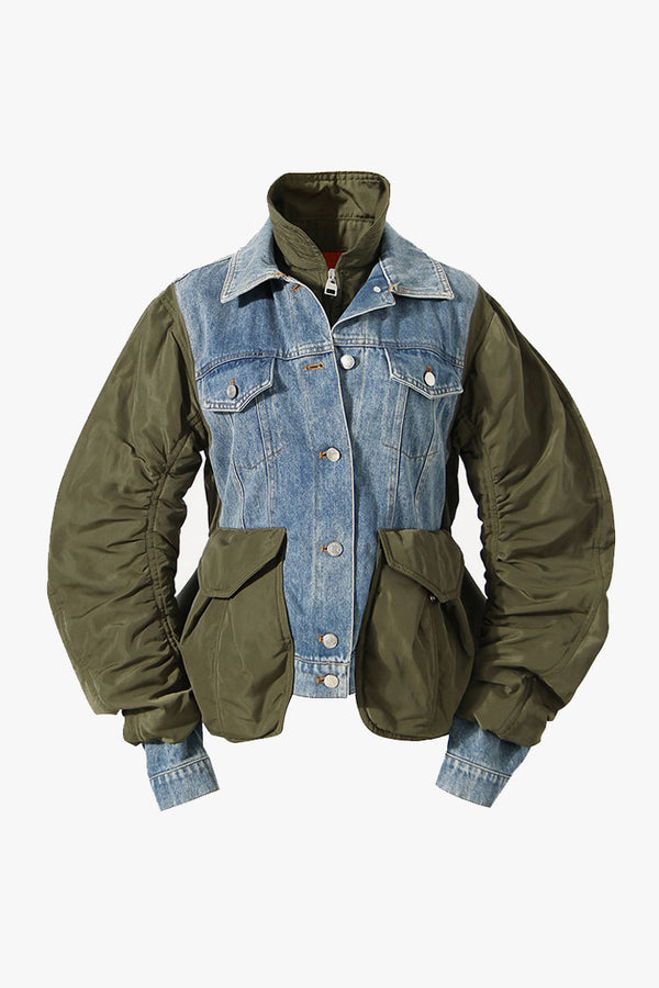 Durable Double Collar Cargo Pocket Nylon Hybrid Padded Denim Jacket