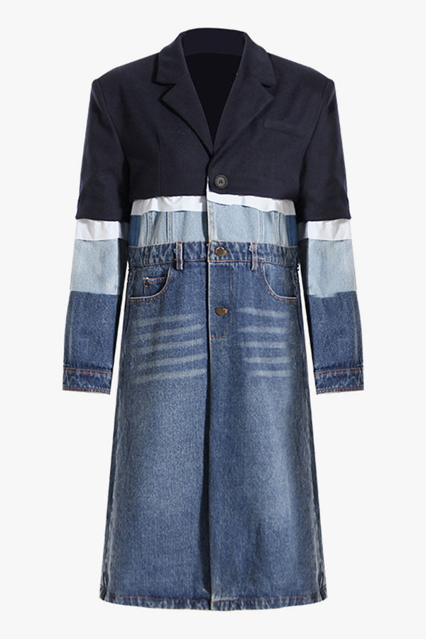 Eclectic Style Lapel Collar Single Breasted Layered Spliced Denim Trench Coat