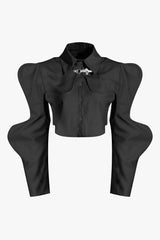 Eclectic Style Wavy Sleeve Shrug Button Down Collared Vest Two Piece Top