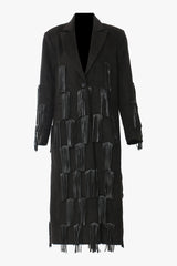 Edge Vegan Leather Fringe Lapel Shoulder Pad One Button Wool Blend Coat