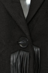 Edge Vegan Leather Fringe Lapel Shoulder Pad One Button Wool Blend Coat