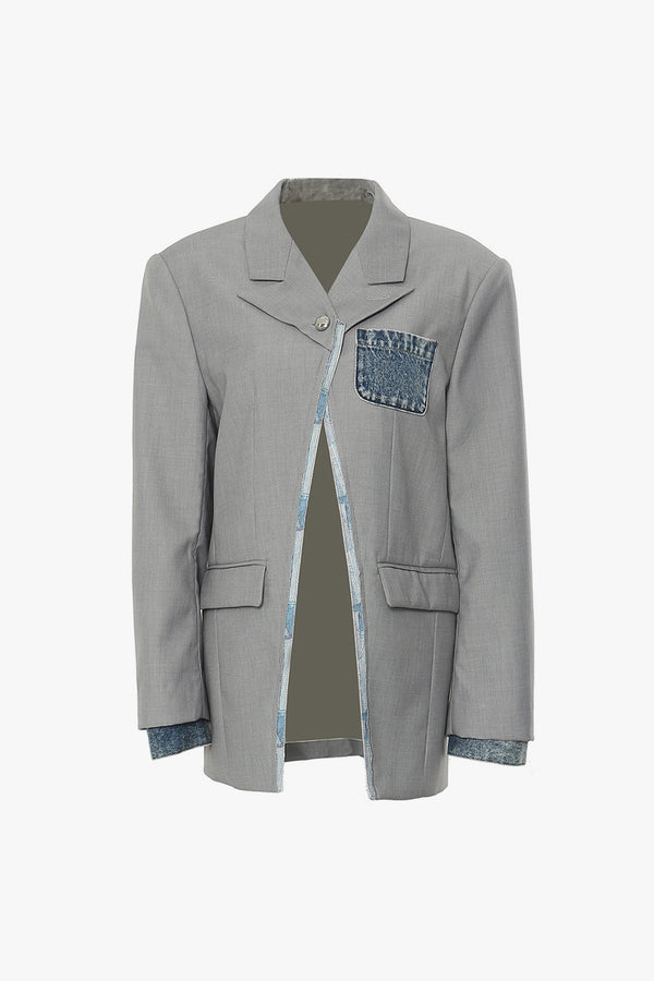 Edgy Notch Lapel Padded Shoulder Denim Panel Oversized One Button Blazer