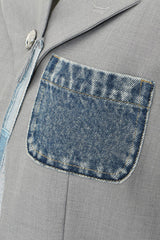 Edgy Notch Lapel Padded Shoulder Denim Panel Oversized One Button Blazer