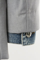 Edgy Notch Lapel Padded Shoulder Denim Panel Oversized One Button Blazer