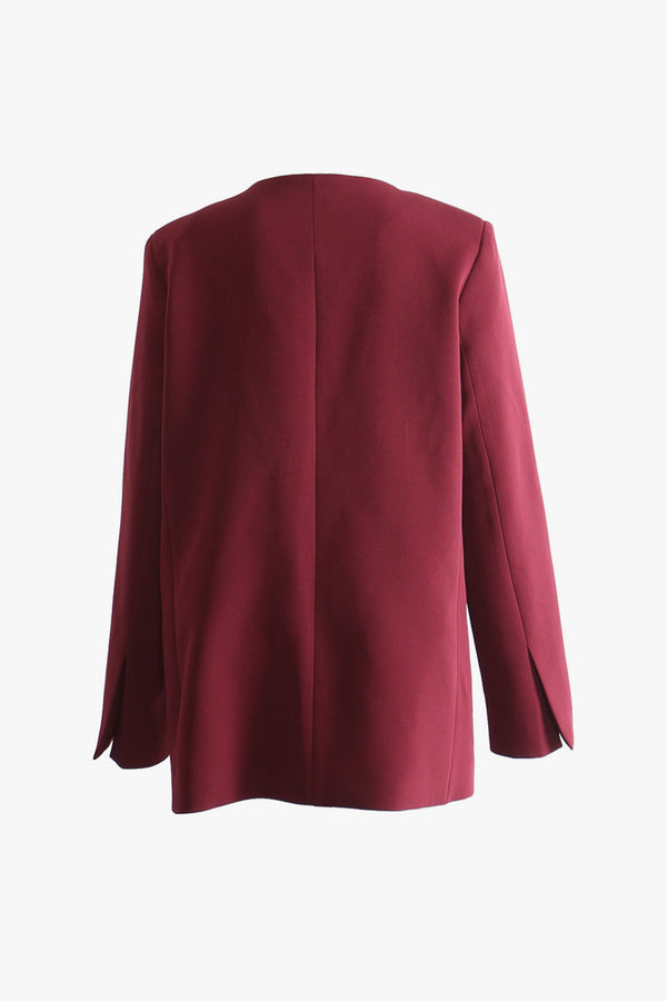 Edgy Seamed Collarless Deep V Neck Padded Shoulder Long Sleeve Blazer