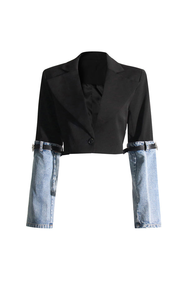 Edgy Two Tone Belted Denim Panel Lapel Single Breasted Crop Blazer