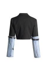 Edgy Two Tone Belted Denim Panel Lapel Single Breasted Crop Blazer