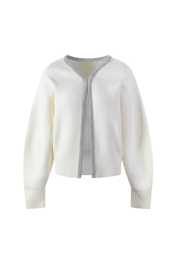 Elegant Bicolor Crystal Collar Long Sleeve Ribbed Knit Wool Blend Cardigan