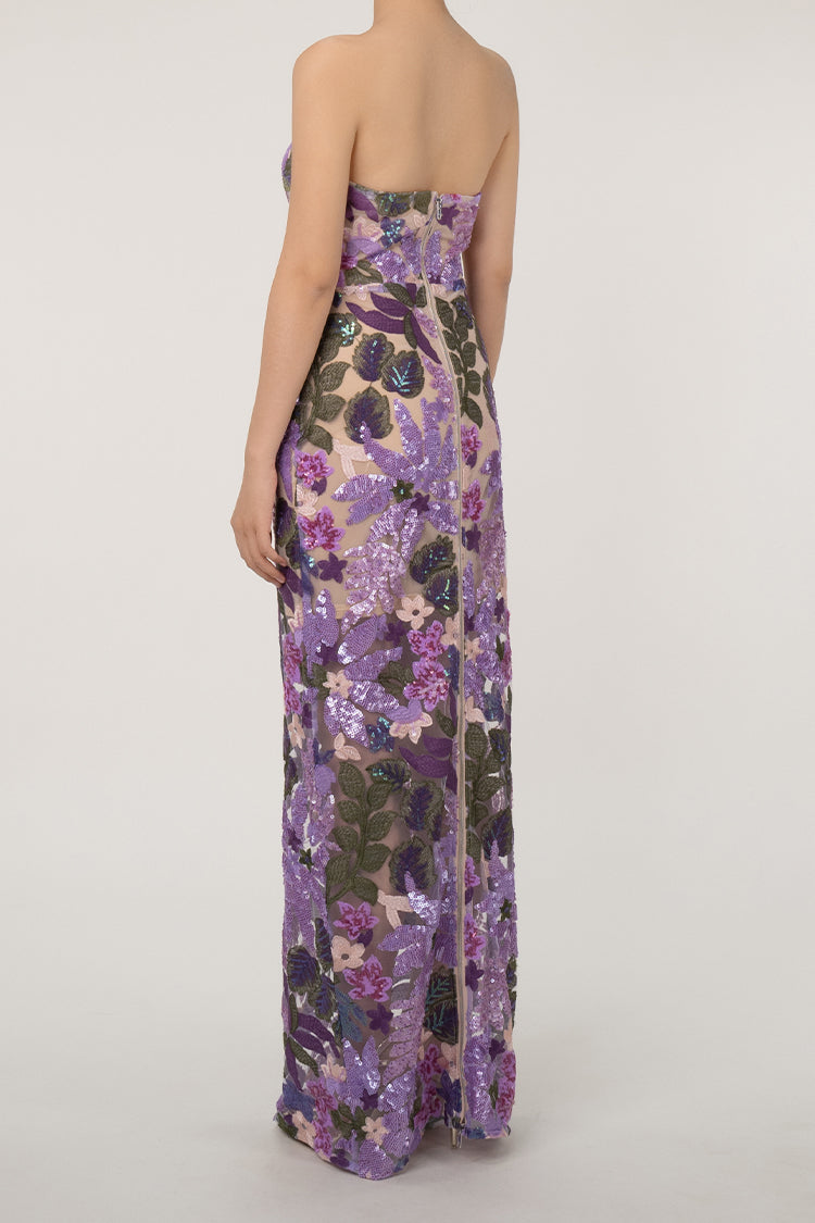 Elegant Bustier Strapless Sequin Floral Embroidered Evening Maxi Dress