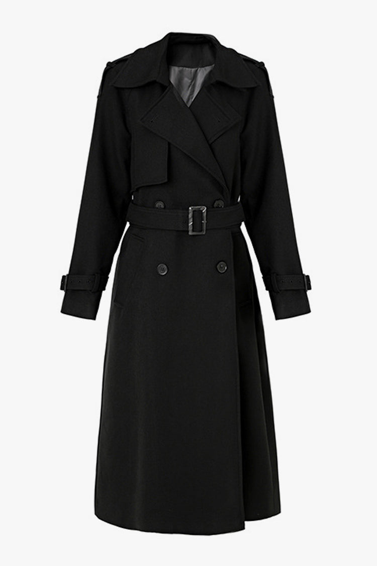 Elegant Collar Long Sleeve Double Breasted Wool Blend Belted Trench Coat