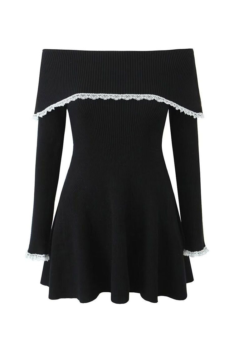 Elegant Contrast Lace Foldover Off Shoulder Ribbed Knit Sweater Mini Dress