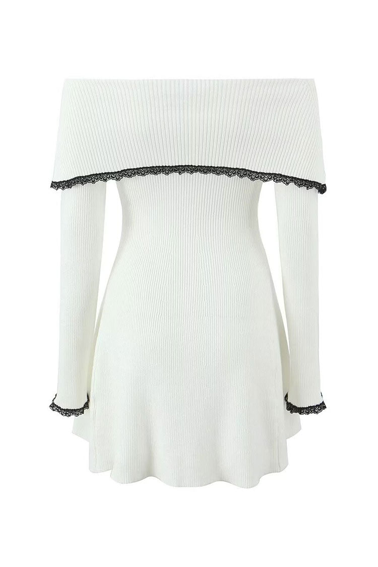 Elegant Contrast Lace Foldover Off Shoulder Ribbed Knit Sweater Mini Dress