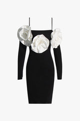 Elegant Crystal Rosette Cold Shoulder Sheath Sweater Party Mini Dress