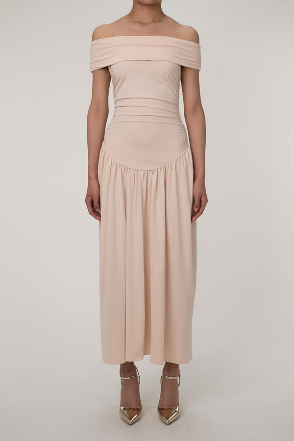 Elegant Foldover Off The Shoulder Gathered Drop Waist Formal Maxi Dress