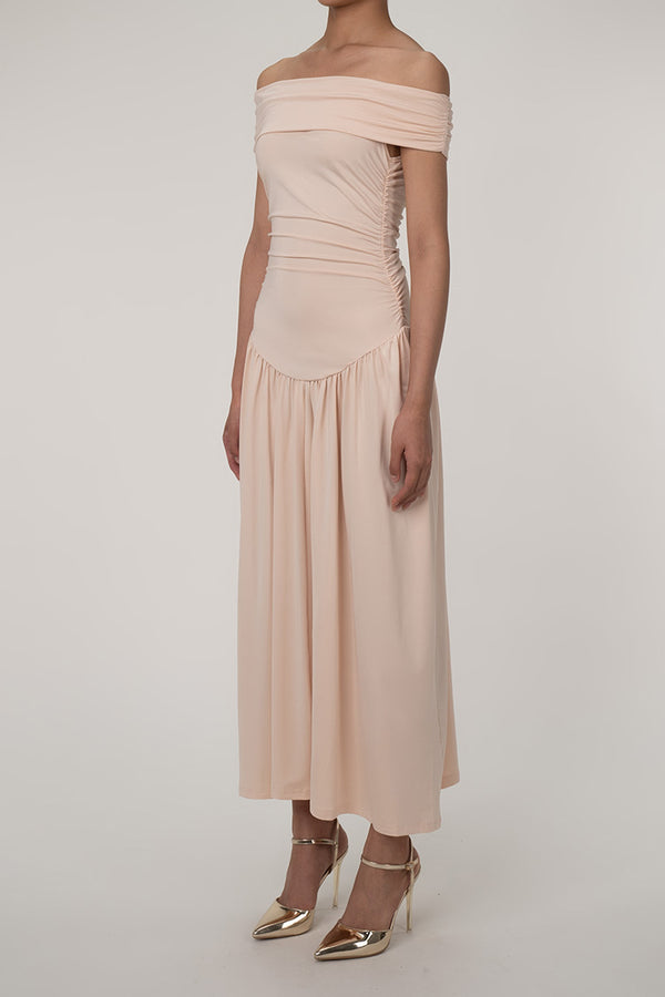 Elegant Foldover Off The Shoulder Gathered Drop Waist Formal Maxi Dress