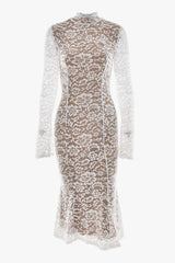 Elegant High Neck Long Sleeve Lace Fishtail Cocktail Party Midi Dress