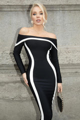 Elegant Off Shoulder Contrast Binding Bodycon Bandage Evening Maxi Dress