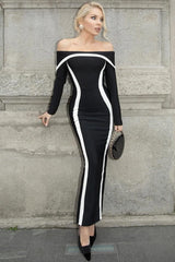 Elegant Off Shoulder Contrast Binding Bodycon Bandage Evening Maxi Dress