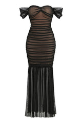 Elegant Off The Shoulder Ruched Bodycon Mesh Fishtail Formal Maxi Dress