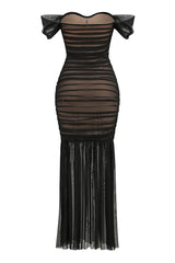 Elegant Off The Shoulder Ruched Bodycon Mesh Fishtail Formal Maxi Dress