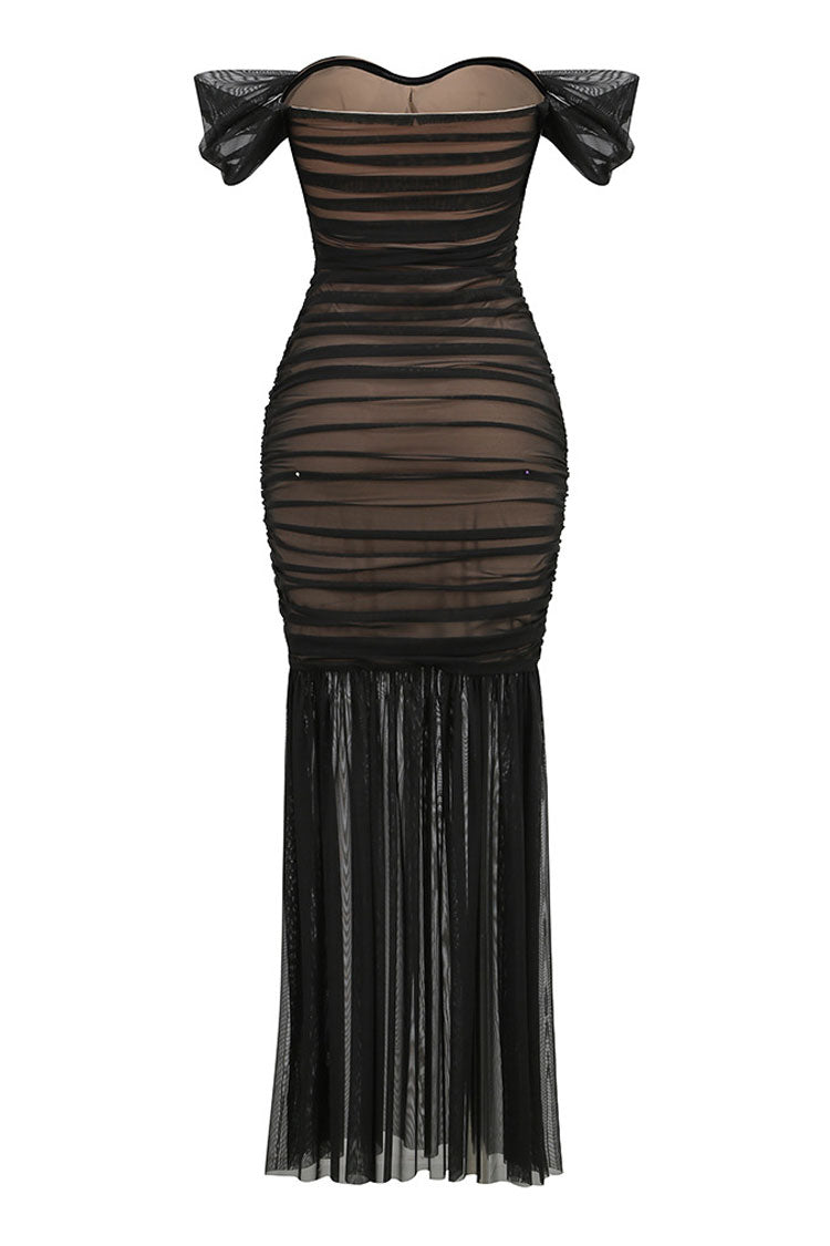 Elegant Off The Shoulder Ruched Bodycon Mesh Fishtail Formal Maxi Dress